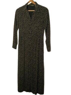 Eddie Bauer Dress XS Petite Black Microfloral Rayon Long Lagenlook Vintage 1990s
